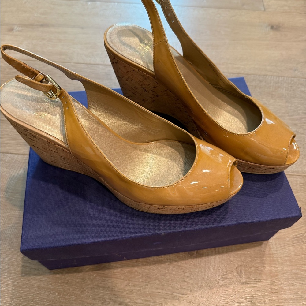 Stuart Weitzman Tan Patent Leather Wedge Sandals